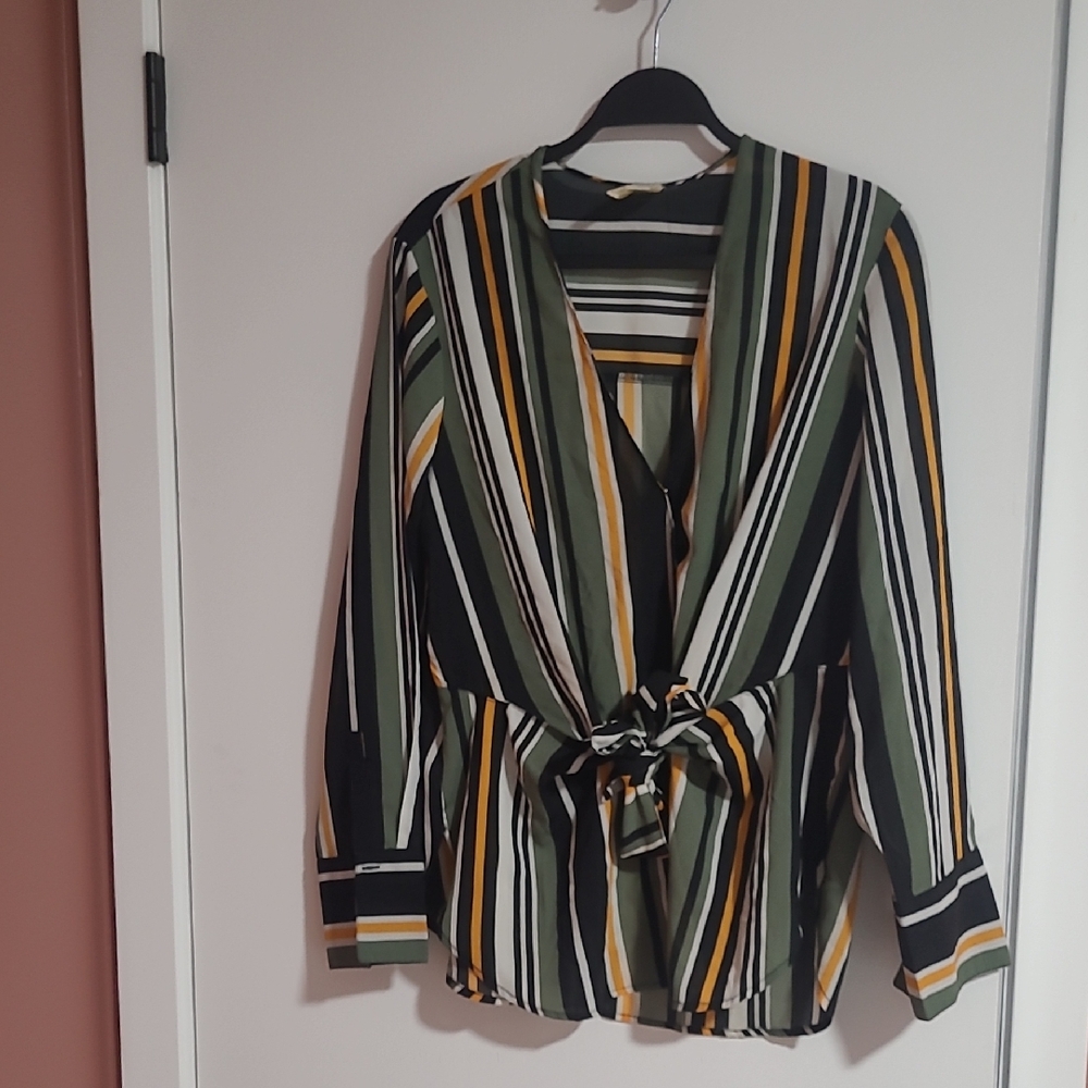 JAPNA - Striped V-Neck Tie-Front Blouse